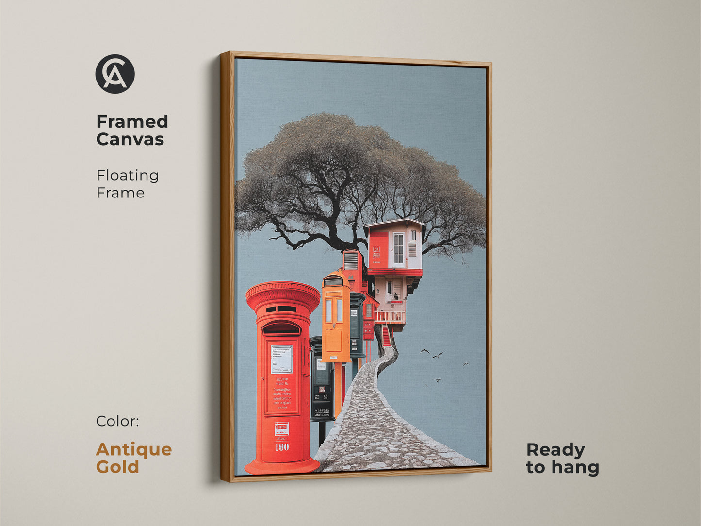 Antique gold framed canvas featuring surreal architecture art. A floating frame showcases an eclectic treehouse and post box artwork. Ready to hang gray blue and red orange print is great for unique living room decor. Perfect gift for art collectors.