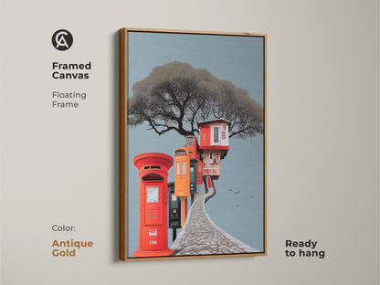 Antique gold framed canvas featuring surreal architecture art. A floating frame showcases an eclectic treehouse and post box artwork. Ready to hang gray blue and red orange print is great for unique living room decor. Perfect gift for art collectors.
