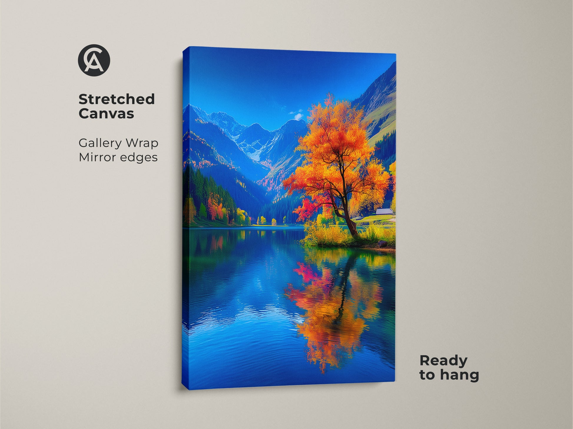 Stretched canvas art showcasing a colorful tree reflected in a lake. The gallery wrap has mirror edges ready to hang. This piece brings nature's beauty indoors. A perfect landscape artwork for any space.