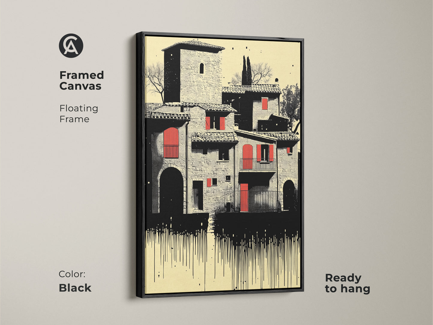 Framed canvas of a Tuscan village. The floating frame is black. The artwork is Italian architecture in cream red and black. A ready to hang travel lover gift idea to enhance office or dining room walls with its vintage charm.