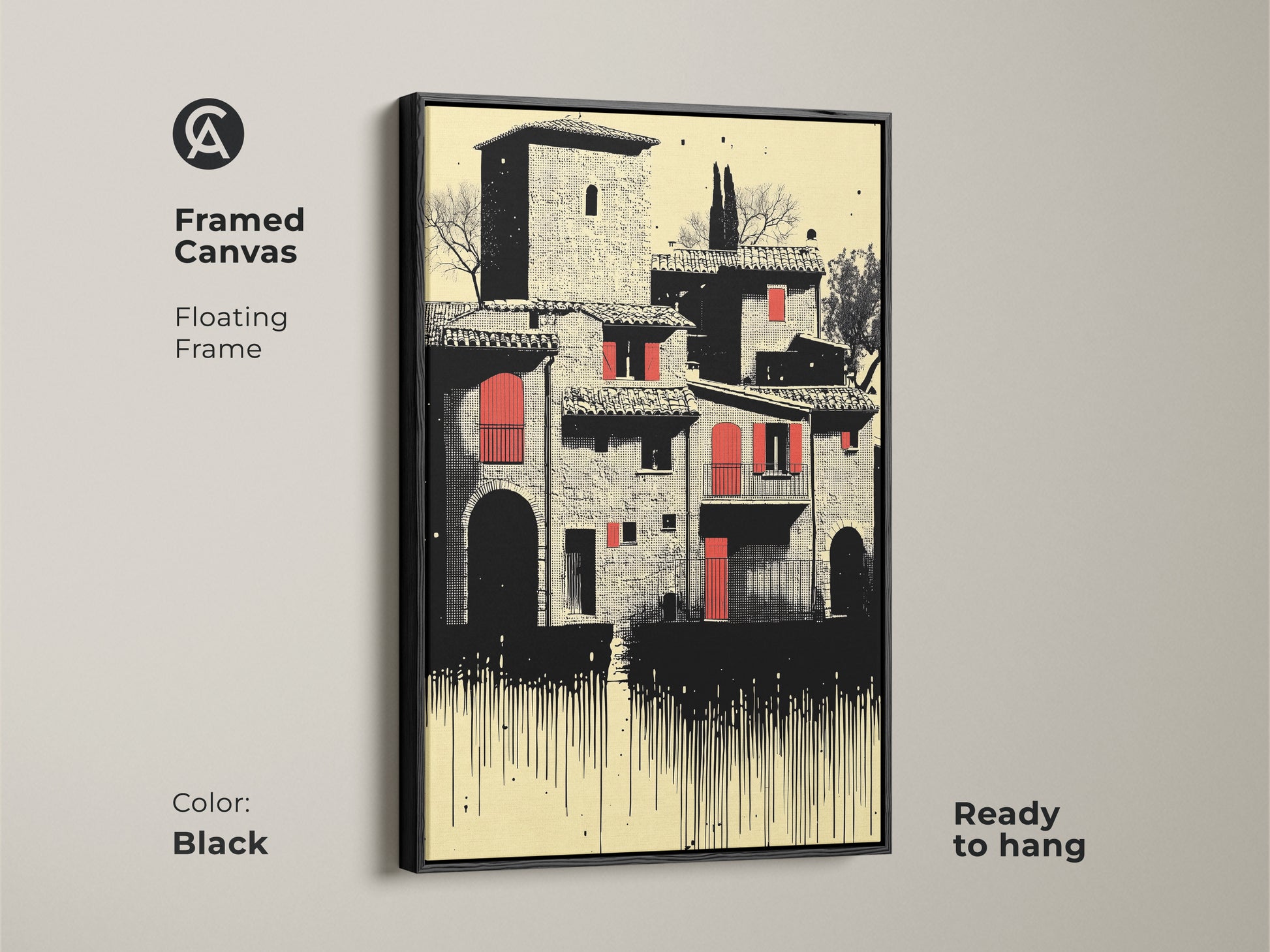 Framed canvas of a Tuscan village. The floating frame is black. The artwork is Italian architecture in cream red and black. A ready to hang travel lover gift idea to enhance office or dining room walls with its vintage charm.