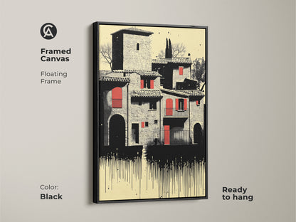 Framed canvas of a Tuscan village. The floating frame is black. The artwork is Italian architecture in cream red and black. A ready to hang travel lover gift idea to enhance office or dining room walls with its vintage charm.