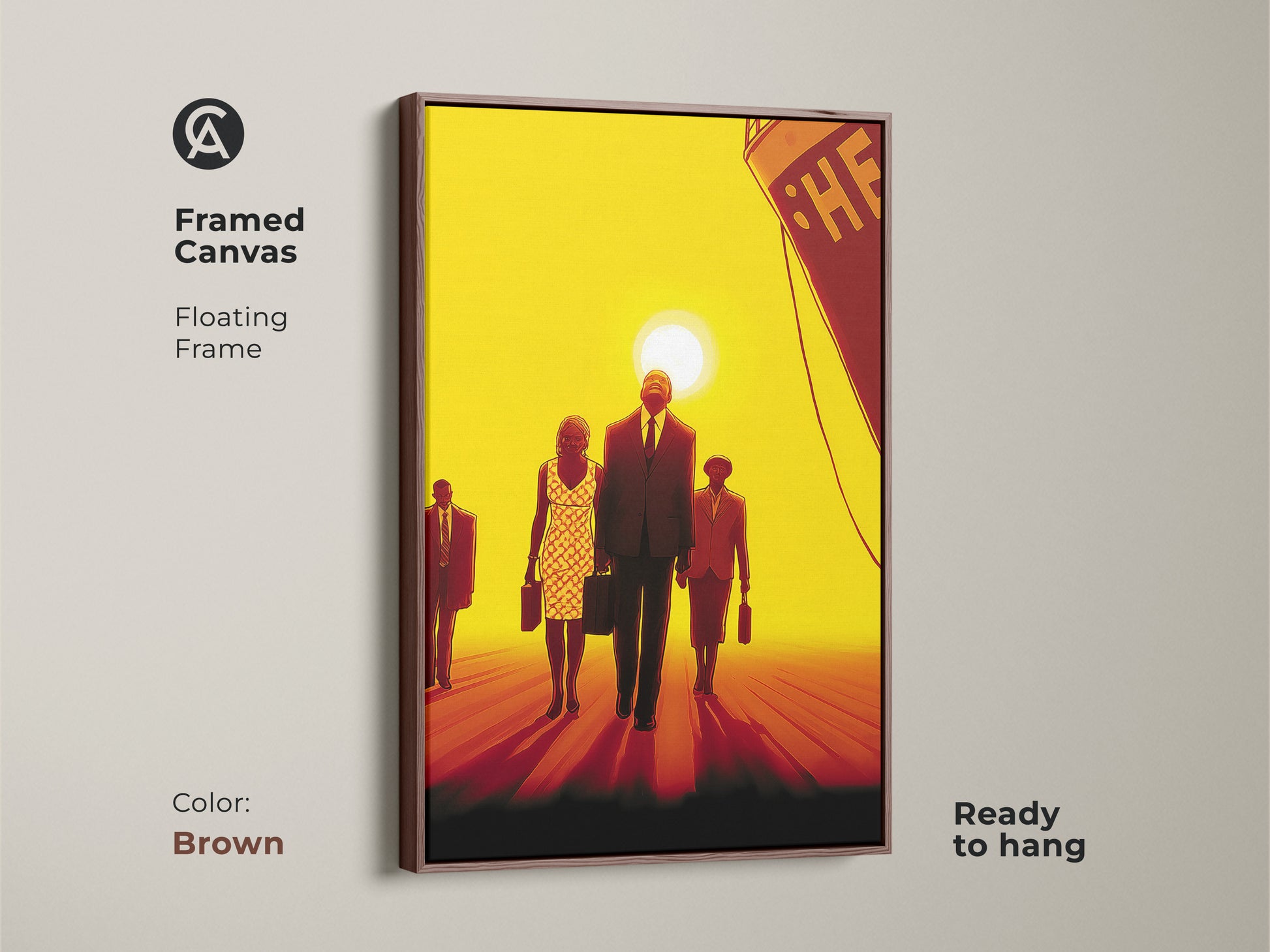 Black framed canvas with a floating frame featuring retro people. They are walking towards a ship at sunset. The artwork uses a contemporary style with a bold yellow red and orange palette. It's ready to hang.