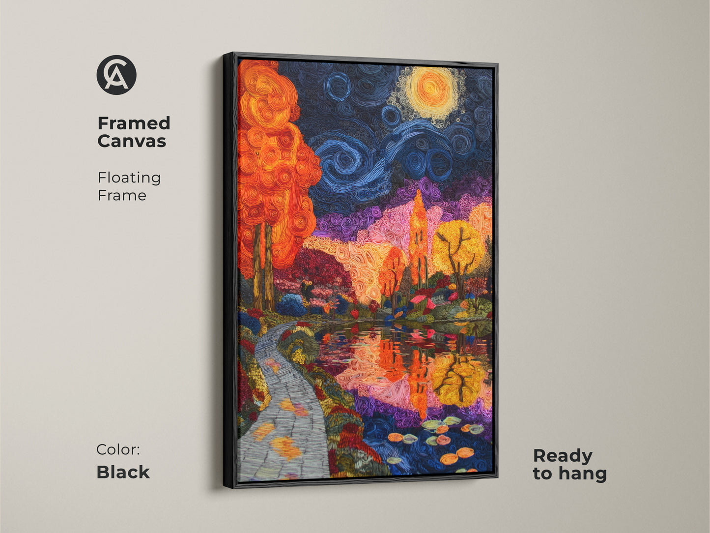 Framed Canvas featuring an Impressionist trees wall art. The floating frame enhances the orange blue purple landscape. This eclectic bedroom decor art is ready to hang. It brings a touch of artistic nature to any space and makes a perfect art lover gift.