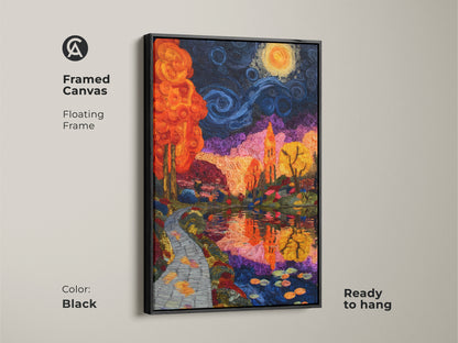 Framed Canvas featuring an Impressionist trees wall art. The floating frame enhances the orange blue purple landscape. This eclectic bedroom decor art is ready to hang. It brings a touch of artistic nature to any space and makes a perfect art lover gift.
