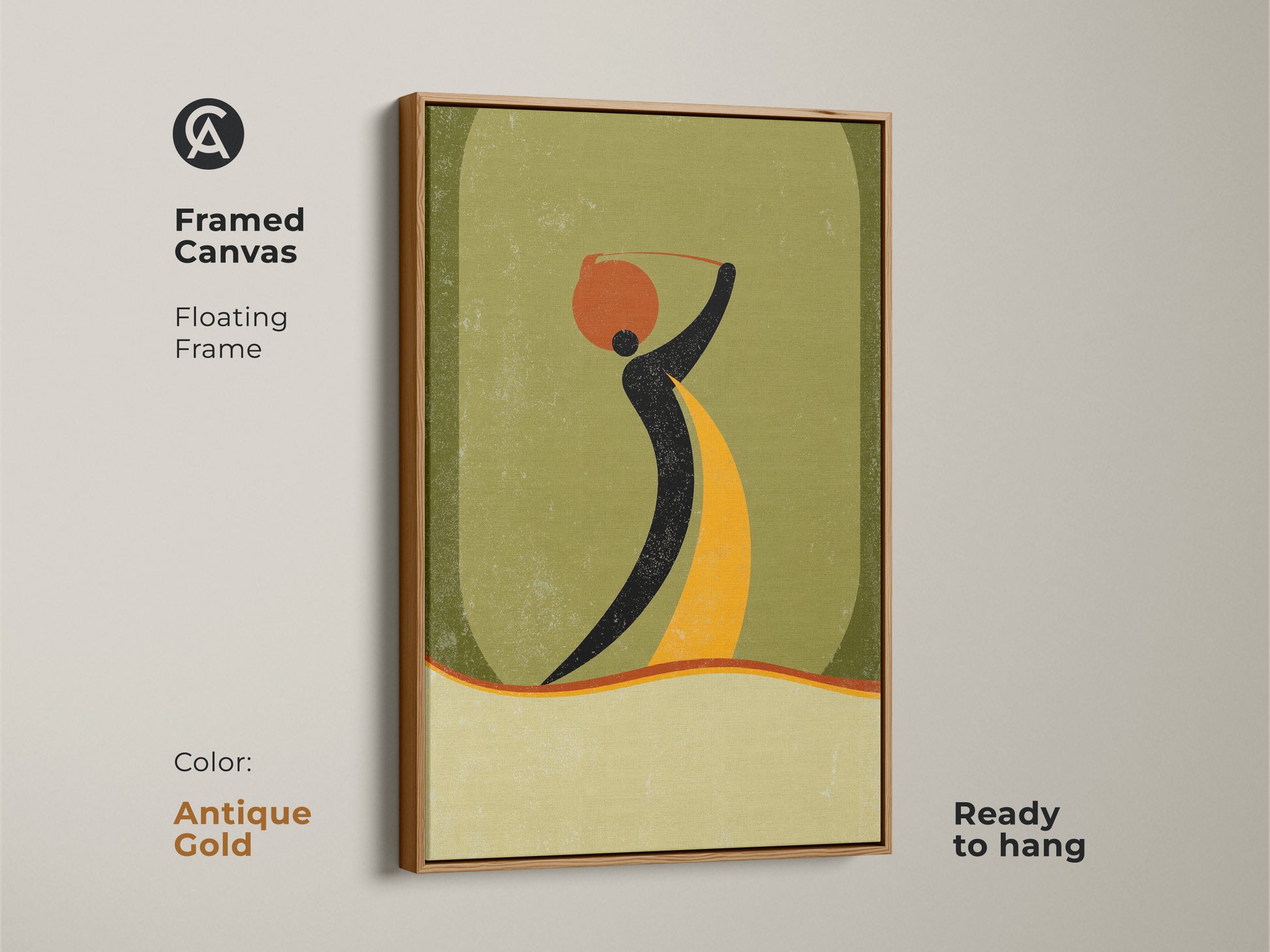 Framed canvas shows an abstract woman carrying a pot artwork with an antique gold floating frame. This boho wall art adds mid-century modern style. Orange yellow and green art enhances entryway decor.