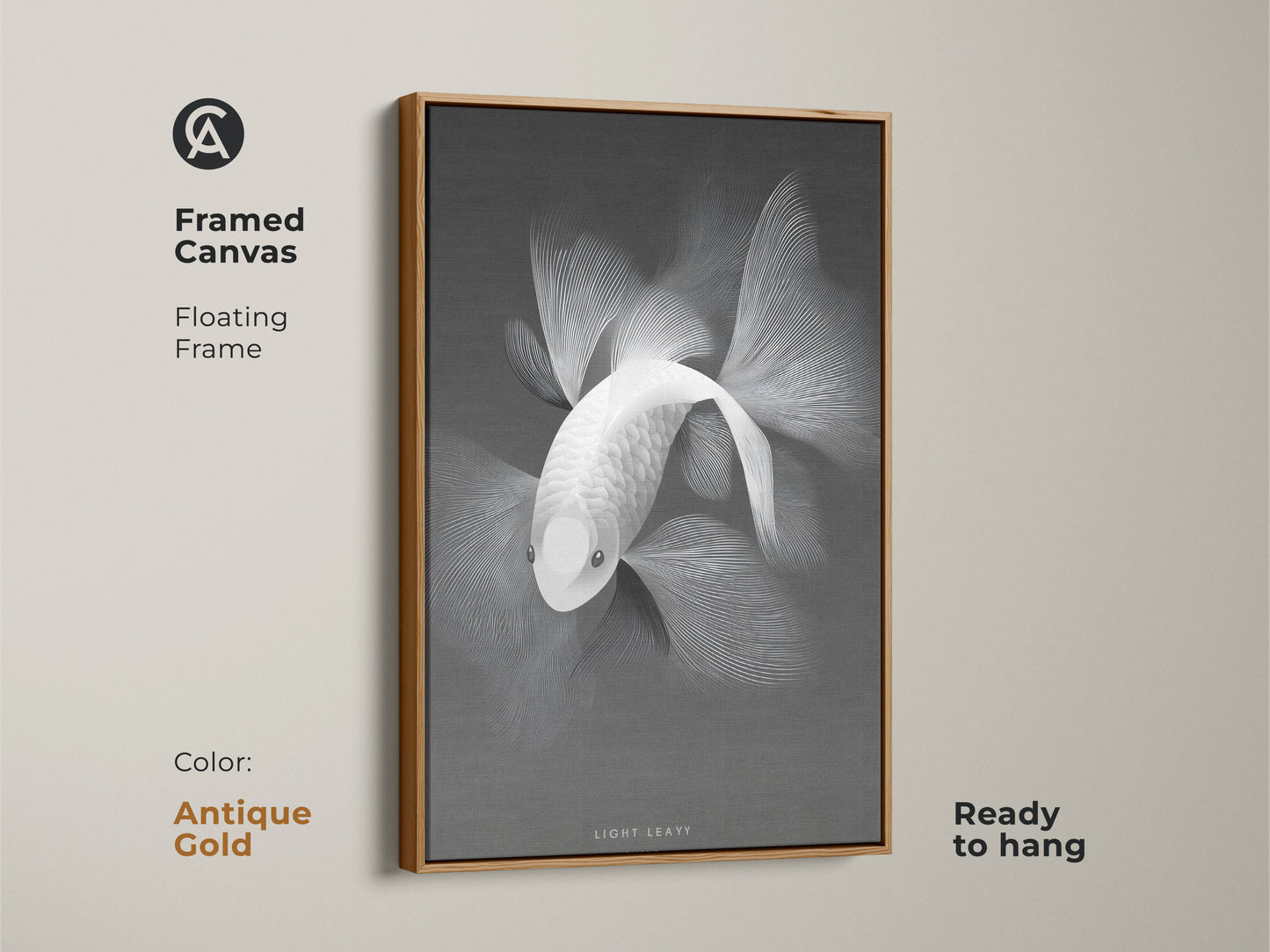 Framed canvas art featuring a monochrome fish. The floating frame in antique gold offers a touch of vintage charm. This canvas is ready to hang. It's perfect for adding a classic touch to your decor. Explore framed art for timeless wall art.