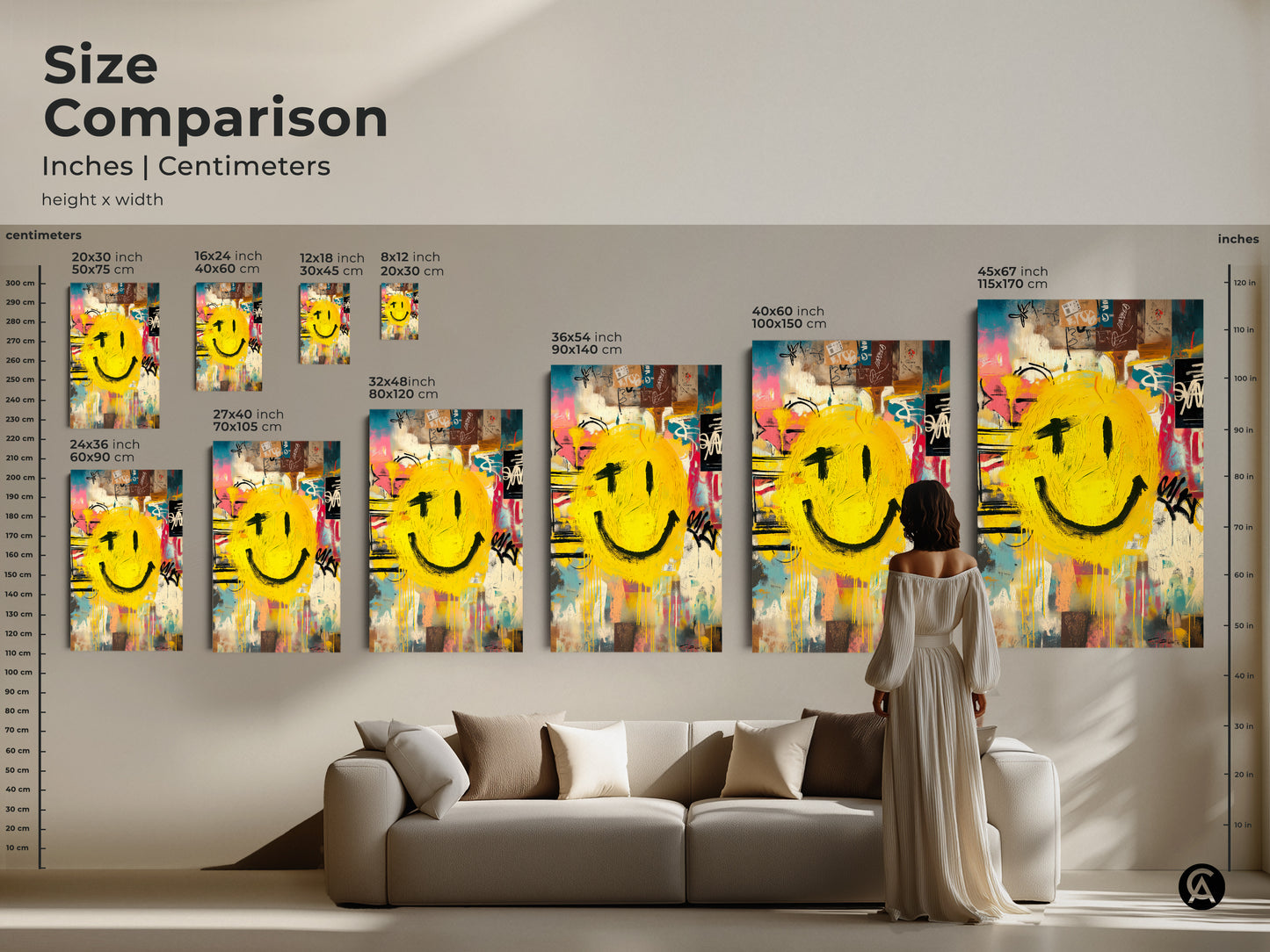 A size comparison shows a graffiti smiley face artwork. It is available in inches and centimeters. See how different sizes fit above a sofa. This artwork is available in poster and canvas print options.
