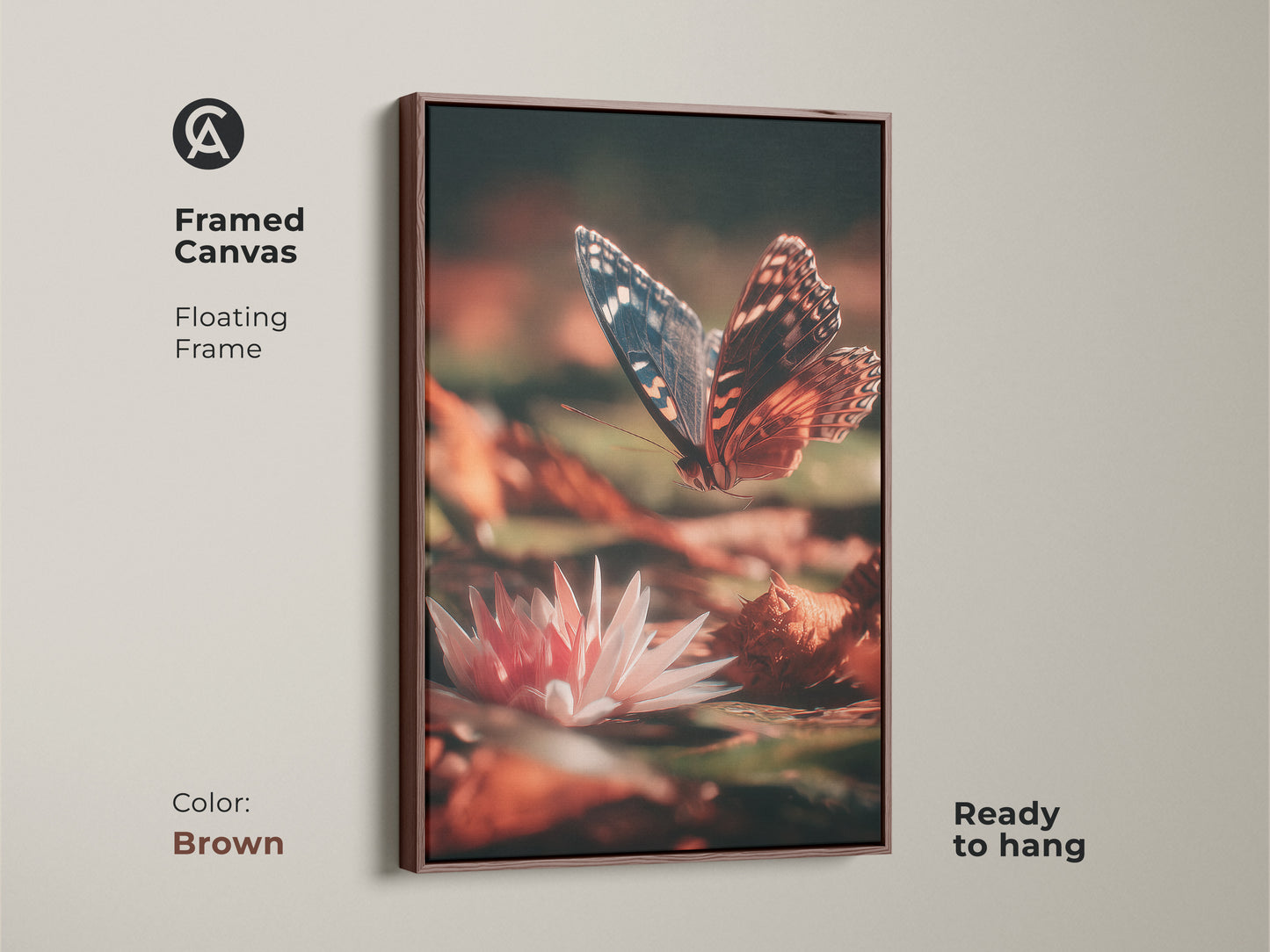 Brown framed canvas featuring butterfly and water lily art. The macro insect photography captures nature's beauty. The botanical nature canvas wall art is ready to hang in your home.