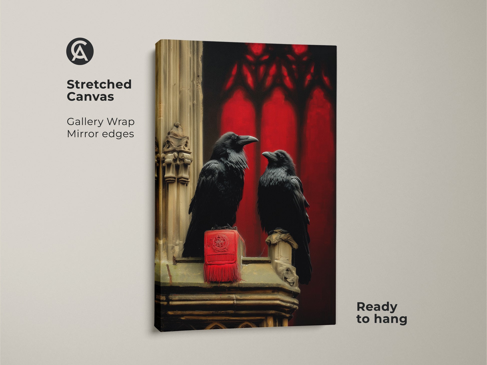 Stretched canvas art featuring Gothic Arch Raven. This dark academia canvas print has mirror edges and is ready to hang. Burgundy black gothic art makes perfect bird lover gift idea