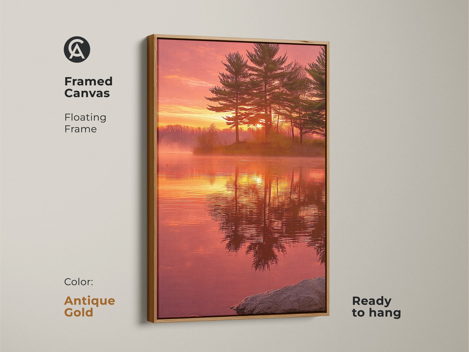 Antique gold framed canvas featuring a rustic pine tree sunset lake scene. This nature landscape artwork brings a cozy ambiance. The scenic photography print is ready to hang. The golden hour light adds warmth. It's perfect for lakeside cabin decor.