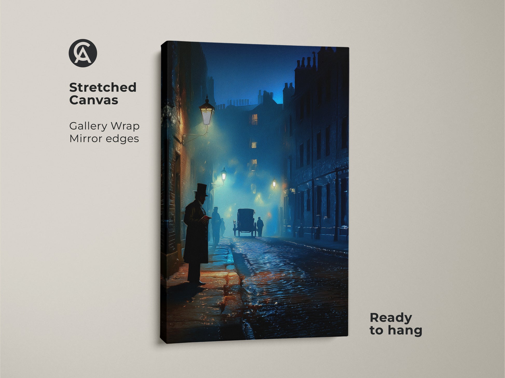 Stretched canvas print of a Victorian street. It features a horse-drawn carriage on a rainy night. The artwork has a Gothic dark academia aesthetic. Ready to hang and perfect for adding historical charm to your study or office. Navy teal blue tones.