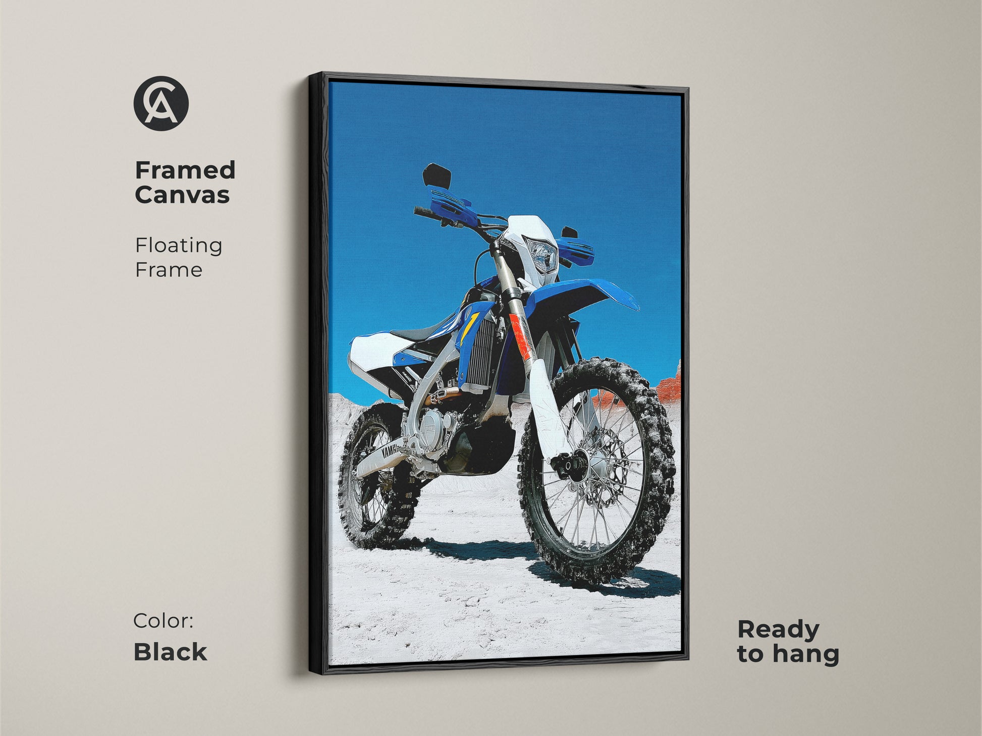 Framed canvas of a blue and white dirt bike. The floating frame enhances the motorcycle artwork. Ready to hang in a garage or man cave. Ideal gift for a motorcycle rider. This piece adds an industrial touch.