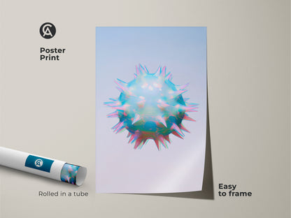 Poster print of an iridescent holographic abstract cell. This sci-fi geometric print features teal blue and pink colors. It is easy to frame. The artwork arrives rolled in a tube.