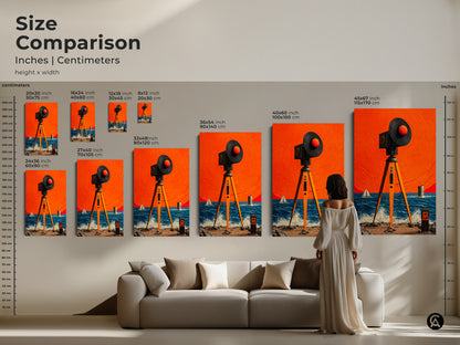 See a size comparison in inches and centimeters. The heights and widths shown with canvas and poster options. Featuring a woman standing in front of a surreal seascape. The artwork includes surveying equipment. Its perfect for modern office artwork.