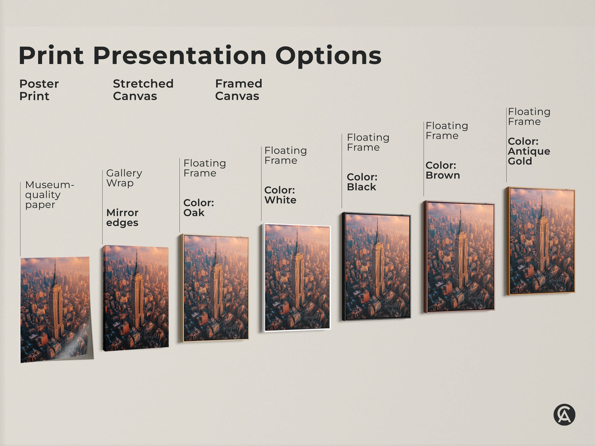 Print presentation options include poster print stretched canvas and framed canvas. The art features the Empire State Building in museum quality paper with mirror edges. Floating frames are available in oak white black brown and antique gold. Find the perfect presentation for this aerial NYC cityscape art. Elevate your space with sophisticated wall artwork.