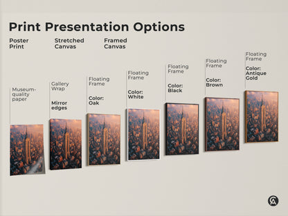Print presentation options include poster print stretched canvas and framed canvas. The art features the Empire State Building in museum quality paper with mirror edges. Floating frames are available in oak white black brown and antique gold. Find the perfect presentation for this aerial NYC cityscape art. Elevate your space with sophisticated wall artwork.
