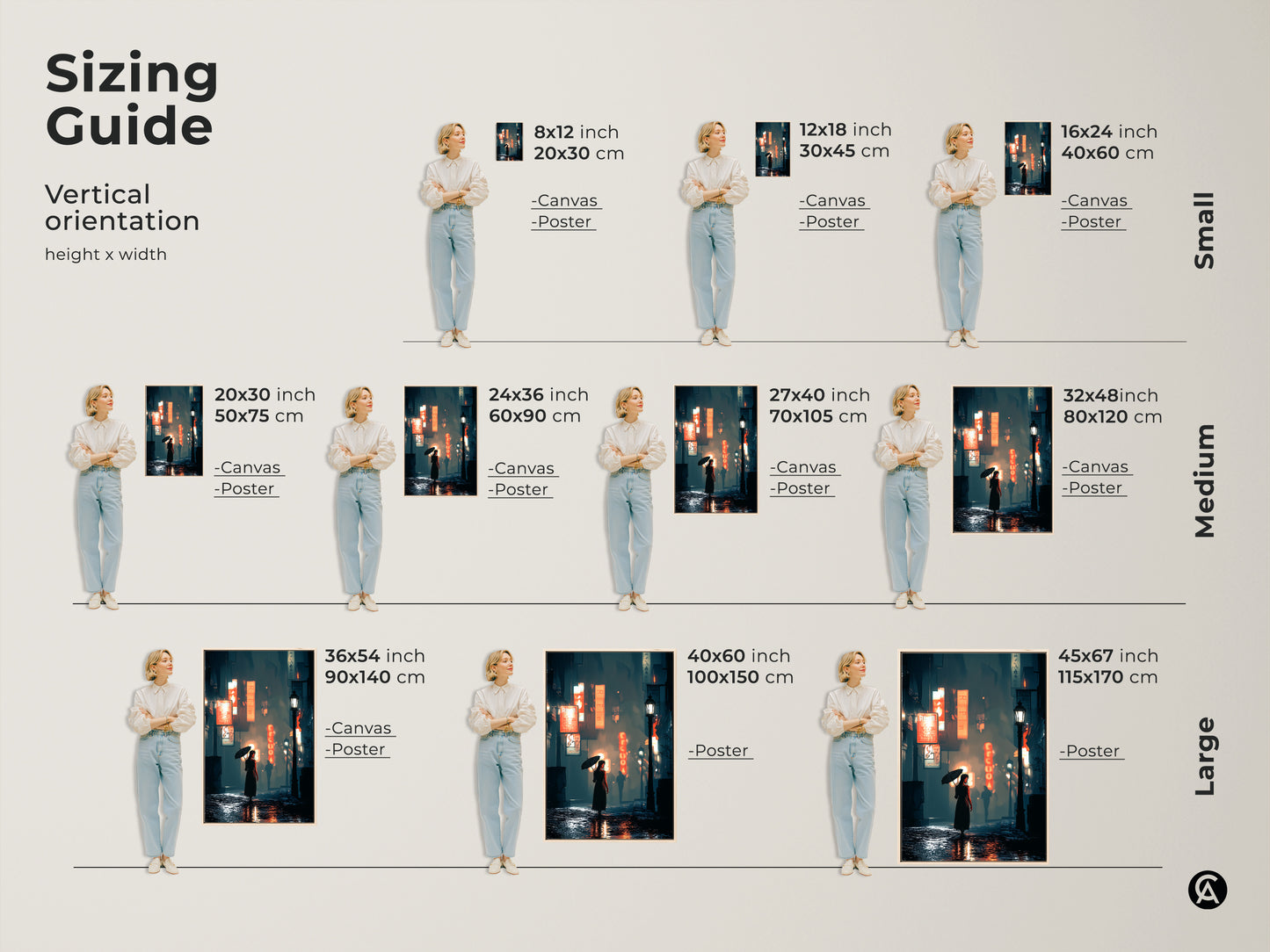 Sizing guide for city night wall art. See how the woman umbrella neon signs canvas print looks in various sizes. Vertical orientations are available for canvas and poster options. Find the perfect fit for your space from small to large sizes.