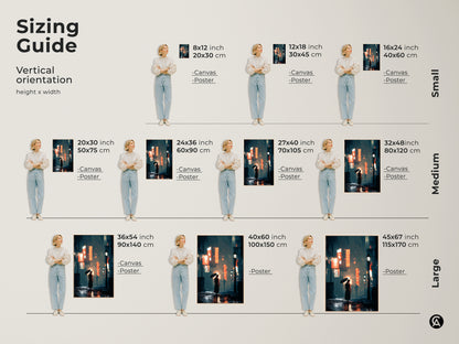 Sizing guide for city night wall art. See how the woman umbrella neon signs canvas print looks in various sizes. Vertical orientations are available for canvas and poster options. Find the perfect fit for your space from small to large sizes.