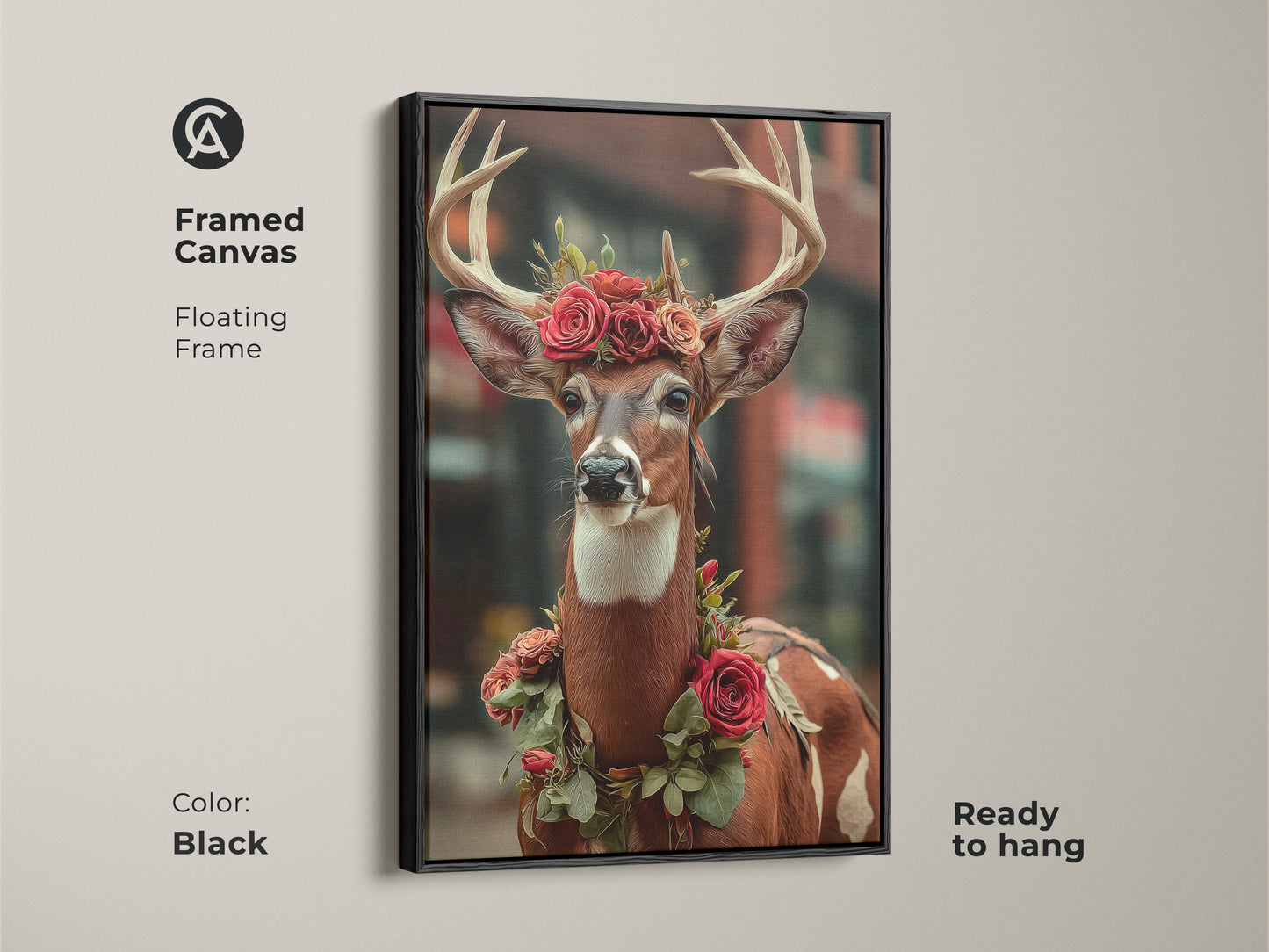 Framed canvas featuring a deer wearing a crown of red roses. The animal floral art is ready to hang. The floating frame is a great complement to the woodland creature artwork. This art is perfect for eclectic home decor.