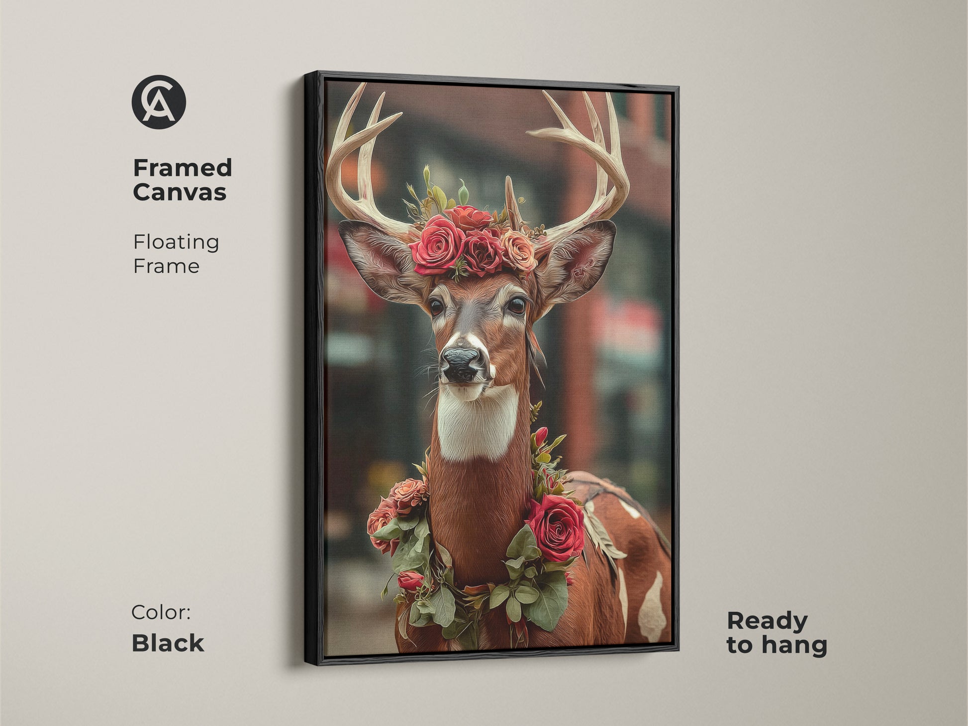 Framed canvas featuring a deer wearing a crown of red roses. The animal floral art is ready to hang. The floating frame is a great complement to the woodland creature artwork. This art is perfect for eclectic home decor.