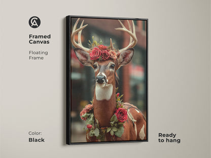 Framed canvas featuring a deer wearing a crown of red roses. The animal floral art is ready to hang. The floating frame is a great complement to the woodland creature artwork. This art is perfect for eclectic home decor.
