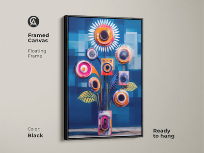 This framed canvas features abstract geometric floral artwork in teal and orange colors. The mid-century modern print includes a floating frame adding sophistication to any room. It is perfect as office wall decor or a unique housewarming present.
