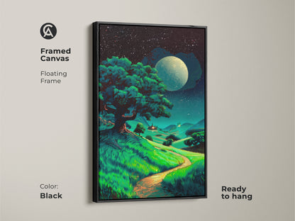Framed canvas of moonlit tree art has a black floating frame. The starry night landscape print is ready to hang. Fantasy nature wall decor complements any home style.