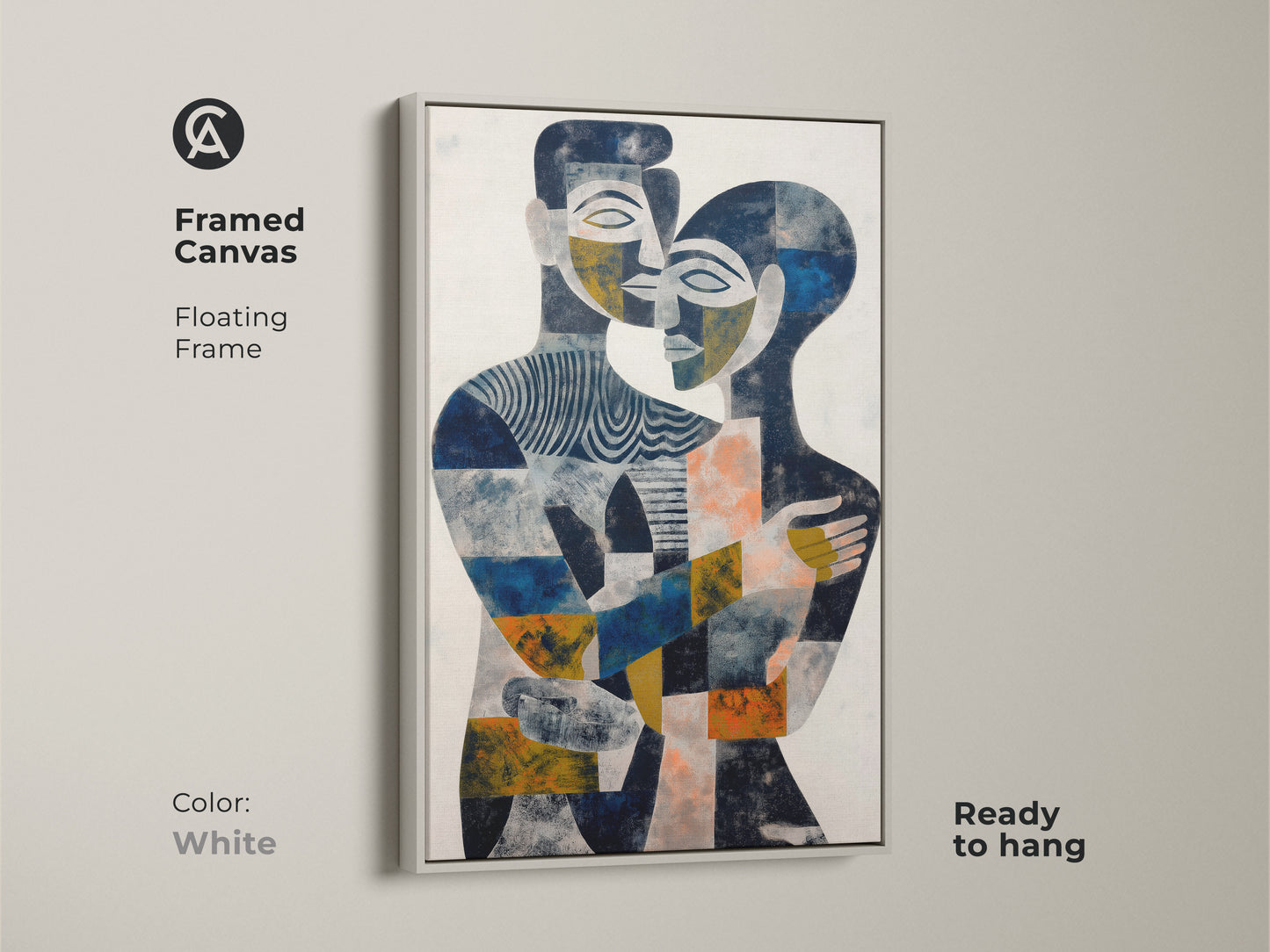 Create a focal point with this artistic wall hanging. This navy gold and blue abstract canvas features a couple's embrace. This contemporary art print adds a touch of sophistication. Ideal as modern bedroom decor or a thoughtful anniversary gift for a couple. This geometric abstract art elevates any room.