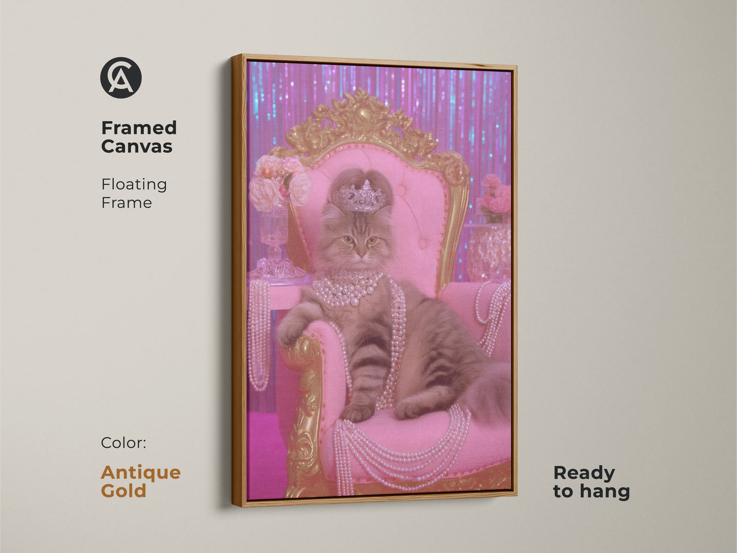 Framed canvas of a crowned cat on a pink throne with an antique gold floating frame. This luxury animal artwork is ready to hang. Perfect as a cat mom gift. Add chic cat wall hanging to your eclectic bedroom. Shop now for this unique pink throne cat art.