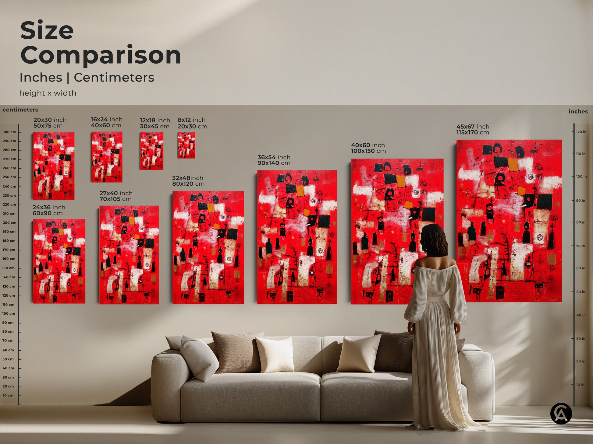 Size comparison of abstract art prints. See how different sizes look in a living room setting. Options include canvas and poster prints. Sizes range from small to extra-large. Find the perfect scale to complement your decor.