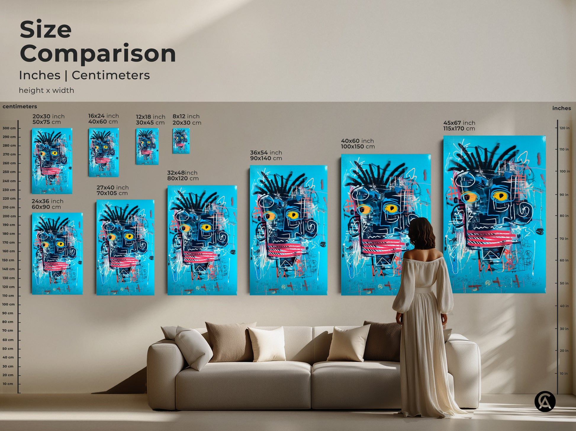 Compare sizes of this captivating abstract face artwork. Choose the ideal dimensions for your wall space. Available as canvas or poster print. Find the perfect piece to enhance your home decor today.