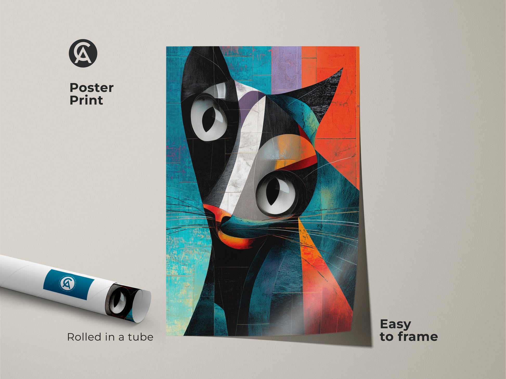 Poster print of a geometric cat artwork. This abstract animal print is rolled in a tube. It's easy to frame. The modern black orange and teal colors make it a unique piece. Perfect for cat lovers this contemporary cat decor is a must-have.