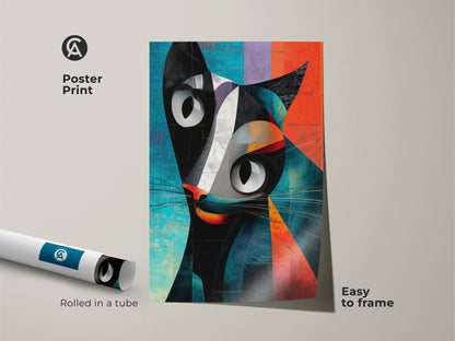 Poster print of a geometric cat artwork. This abstract animal print is rolled in a tube. It's easy to frame. The modern black orange and teal colors make it a unique piece. Perfect for cat lovers this contemporary cat decor is a must-have.