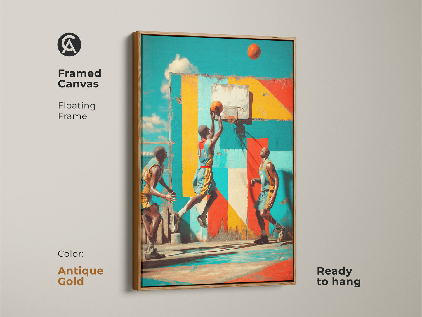 Add a touch of elegance with this framed graffiti basketball canvas. The antique gold floating frame enhances the teal yellow and red tones. It creates a stylish urban aesthetic perfect for a man cave or any space wanting contemporary artwork. Ready to hang.
