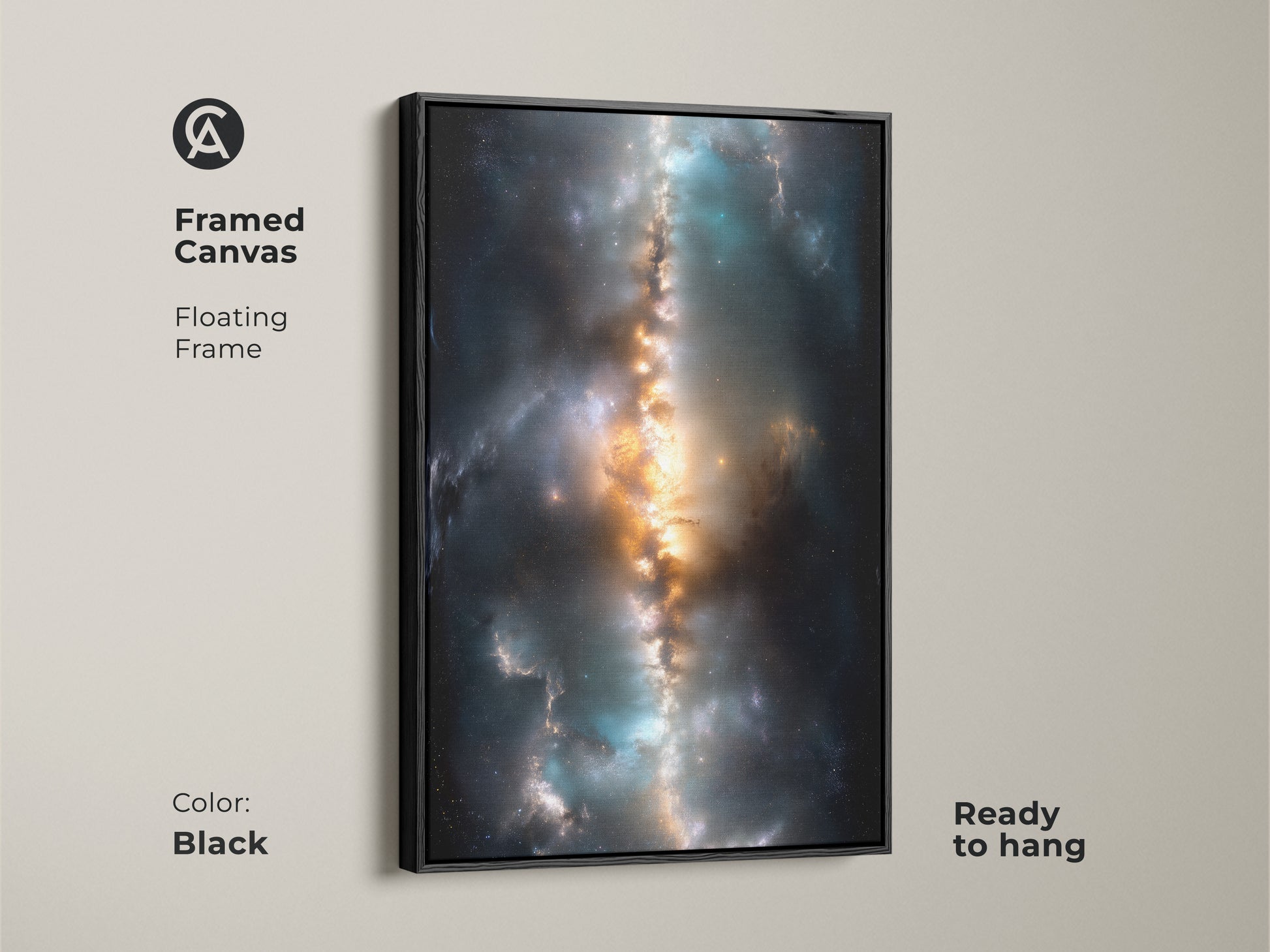 Framed canvas art of a Nebula with a black floating frame. Ready to hang this framed print adds sophistication to your decor. Its captivating nebula art will enhance any wall. A perfect piece for space art lovers.