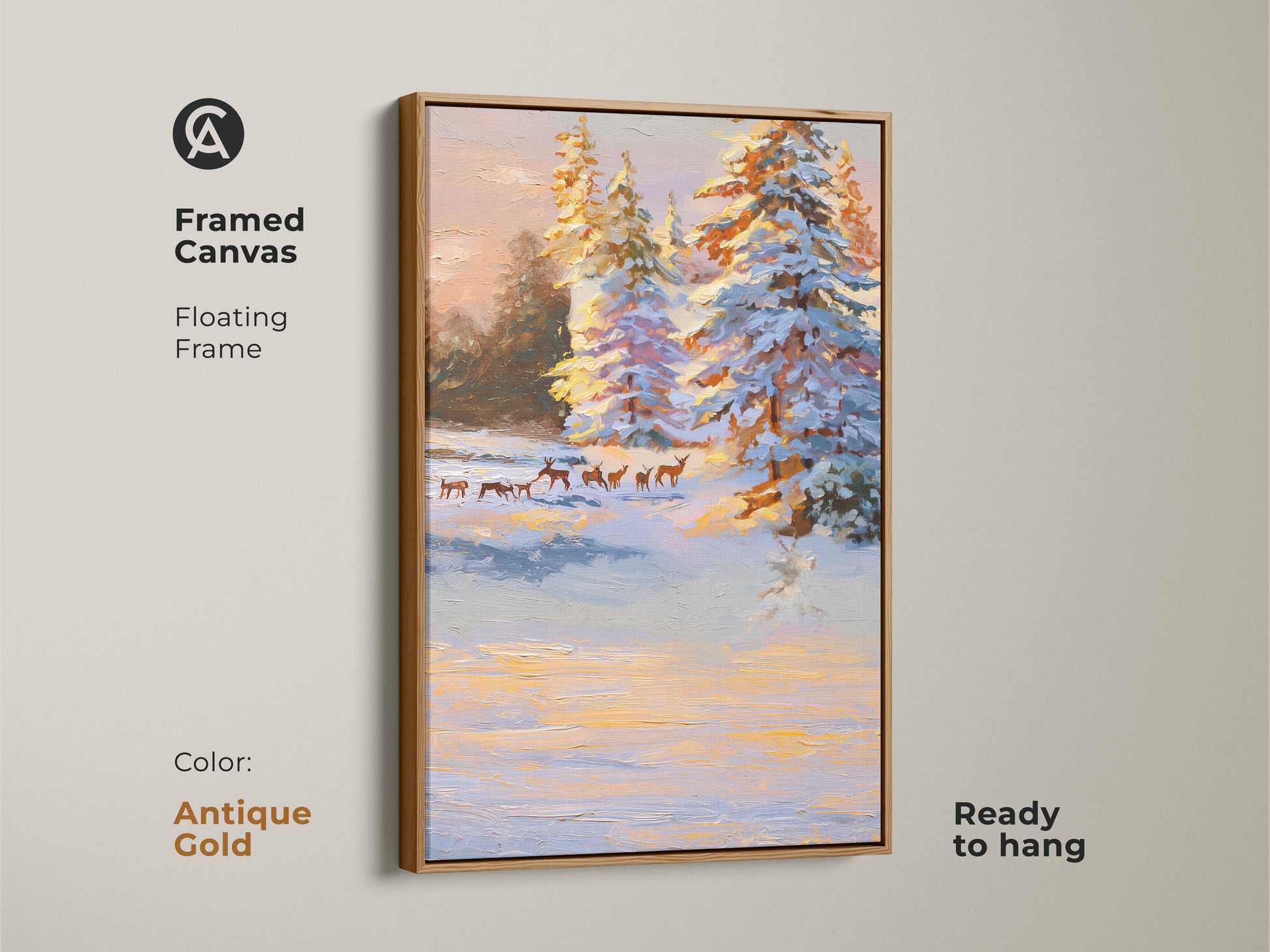 This framed canvas displays an impressionist winter scene. The art has deer near snow laden pine trees. The antique gold floating frame enhances the rustic artwork. This ready to hang nature print adds warmth to any room.