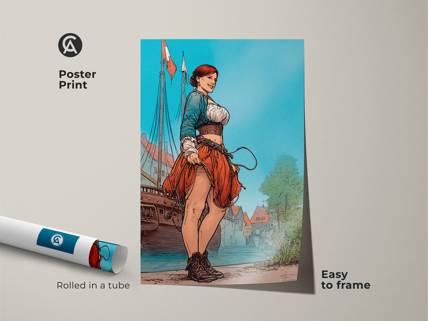 Poster print of a vintage style woman sailor artwork rolled in a tube ready to frame. Nautical themed art perfect as a housewarming gift. The vibrant red blue and turquoise colors make it a great addition to entry halls.