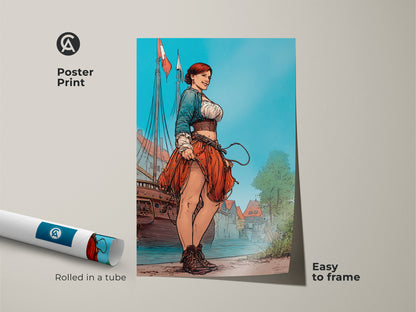 Poster print of a vintage style woman sailor artwork rolled in a tube ready to frame. Nautical themed art perfect as a housewarming gift. The vibrant red blue and turquoise colors make it a great addition to entry halls.