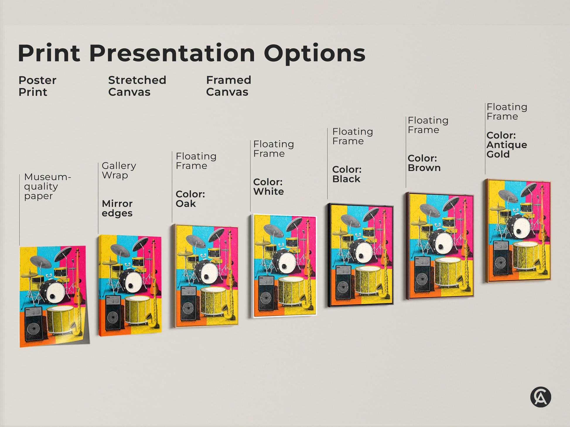 Explore print presentation options for this vibrant music room artwork. Choose from poster prints stretched canvas and framed canvas. Customize your wall art with floating frames and museum-quality paper to match your style.
