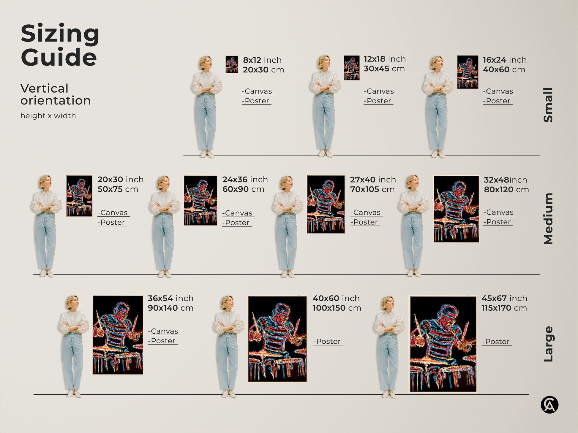 Sizing guide for the vertical Neon Drummer art print. Visualize the artwork in different sizes. Available in canvas and poster prints to fit any space. Find the perfect size for your music themed gift. Small medium and large options.