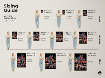 Sizing guide for the vertical Neon Drummer art print. Visualize the artwork in different sizes. Available in canvas and poster prints to fit any space. Find the perfect size for your music themed gift. Small medium and large options.
