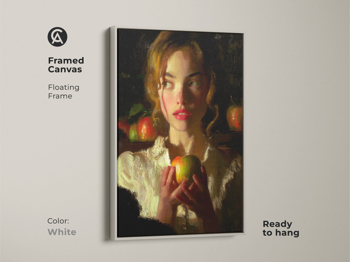 Framed canvas of a woman holding an apple set in a white floating frame. This classical realism style art print adds a touch of elegance to any room. The deep red and green tones create a striking visual. It's a beautiful addition to traditional bedroom wall decor.