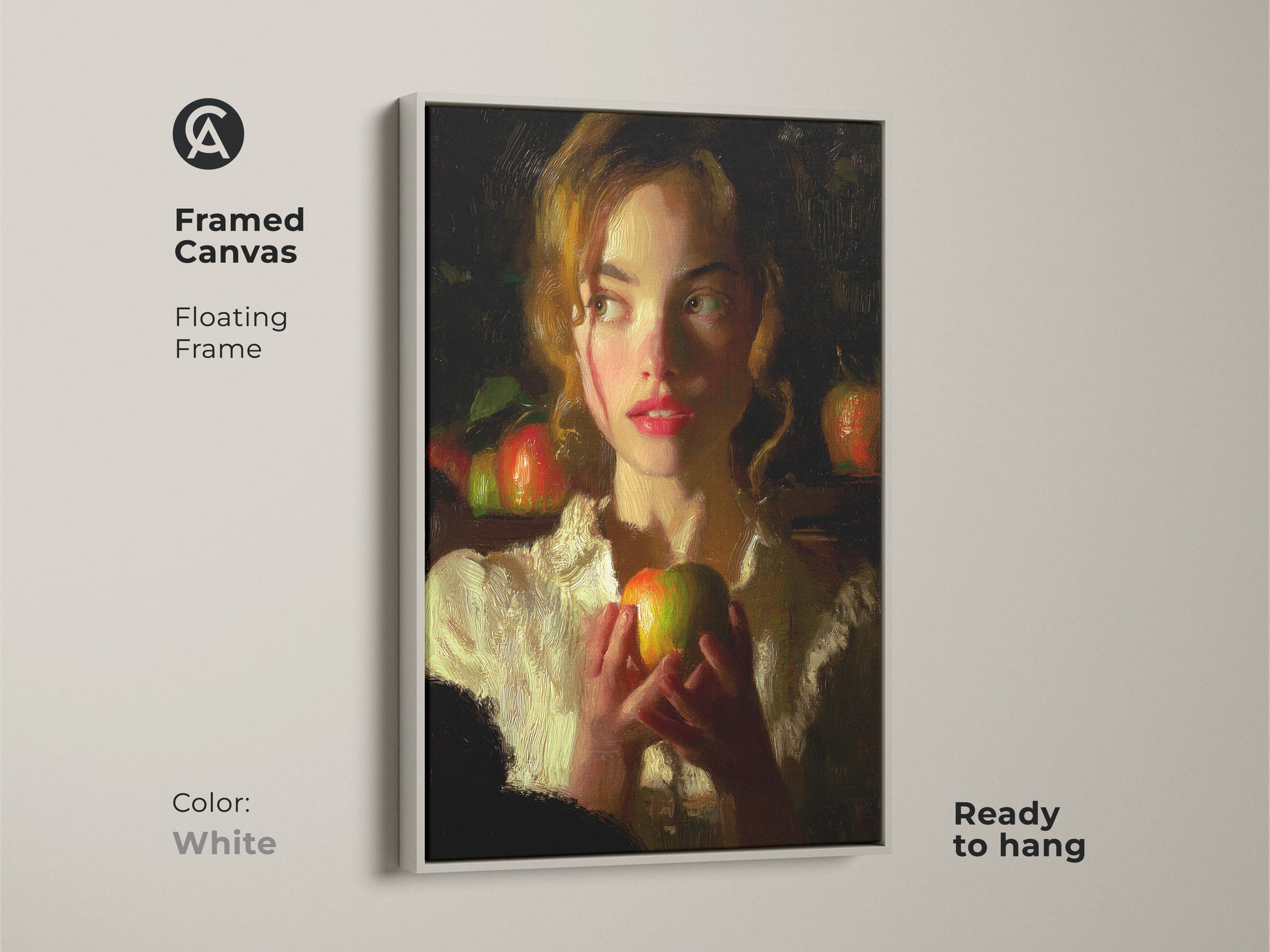 Framed canvas of a woman holding an apple set in a white floating frame. This classical realism style art print adds a touch of elegance to any room. The deep red and green tones create a striking visual. It's a beautiful addition to traditional bedroom wall decor.