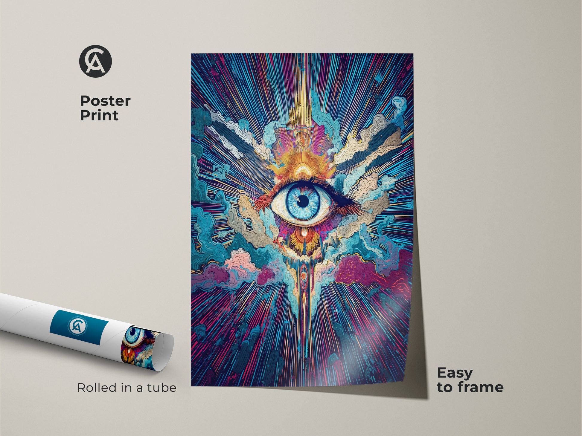 A psychedelic eye wall art print is rolled in a tube. This spiritual sunburst canvas is easy to frame. The cosmic abstract art print features teal orange and blue colors. A unique spiritual gift for boho psychedelic decor.