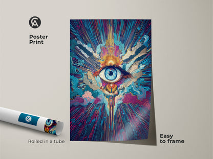 A psychedelic eye wall art print is rolled in a tube. This spiritual sunburst canvas is easy to frame. The cosmic abstract art print features teal orange and blue colors. A unique spiritual gift for boho psychedelic decor.