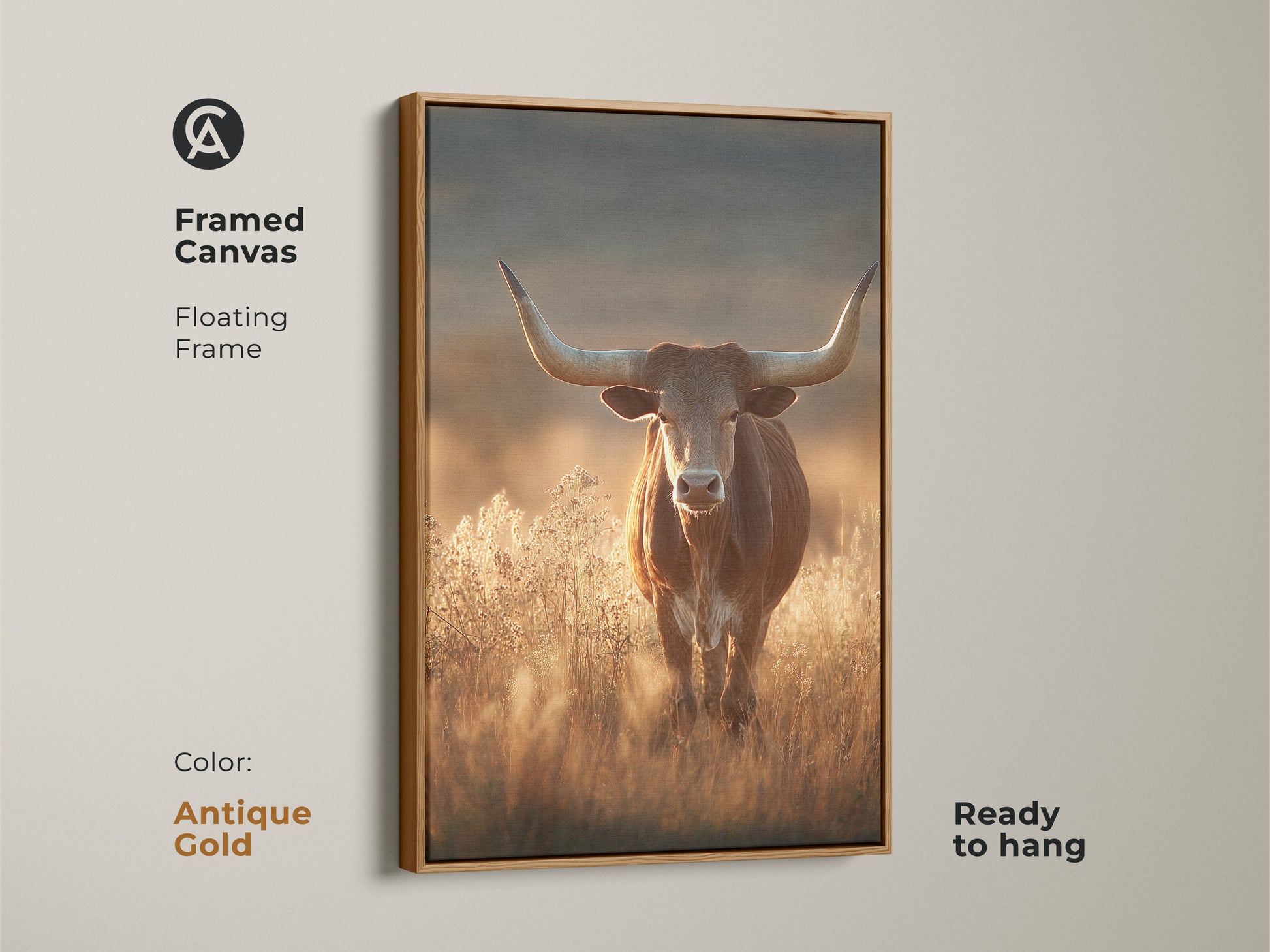 Framed canvas art of a longhorn bull in a savanna. This rustic western wildlife art features earthy tones and an antique gold floating frame. The golden yellow accent art print is ready to hang. It will add character to any room. This is perfect as rustic wall art.