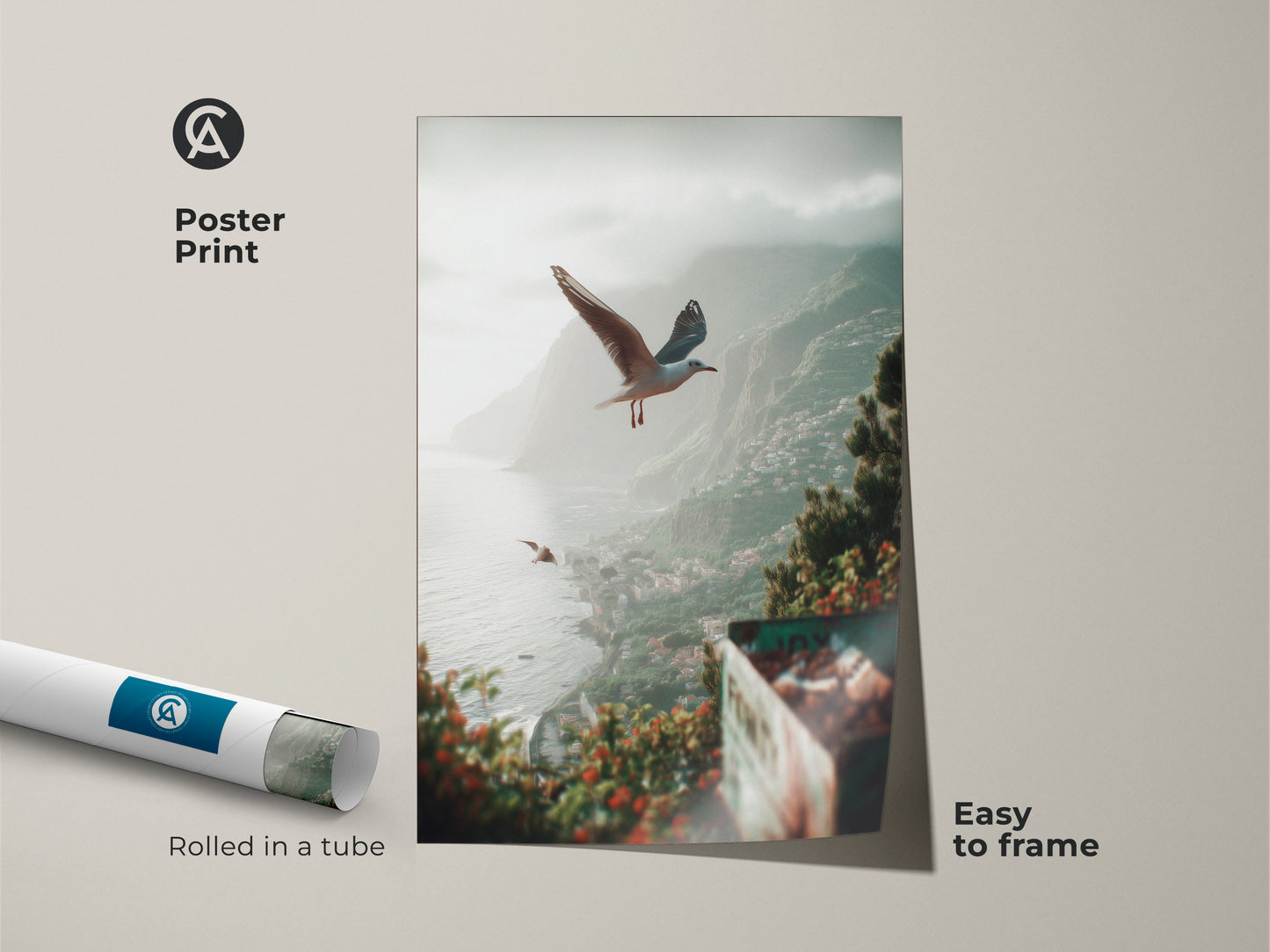 Teal green grey coastal art presented as a poster print featuring seagulls flying over a charming seaside town. Rolled in a protective tube this beach landscape art is easy to frame. It's perfect seaside nature art bringing tranquil ocean art to any space.