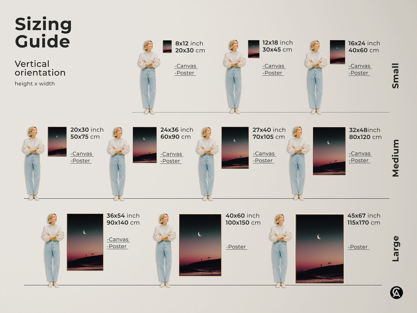 Sizing guide for minimalist landscape prints. Visualize vertical orientations of canvas and poster options. See how the dark teal and pink celestial artwork fits in various sizes. Perfect for bedroom or living room decor.