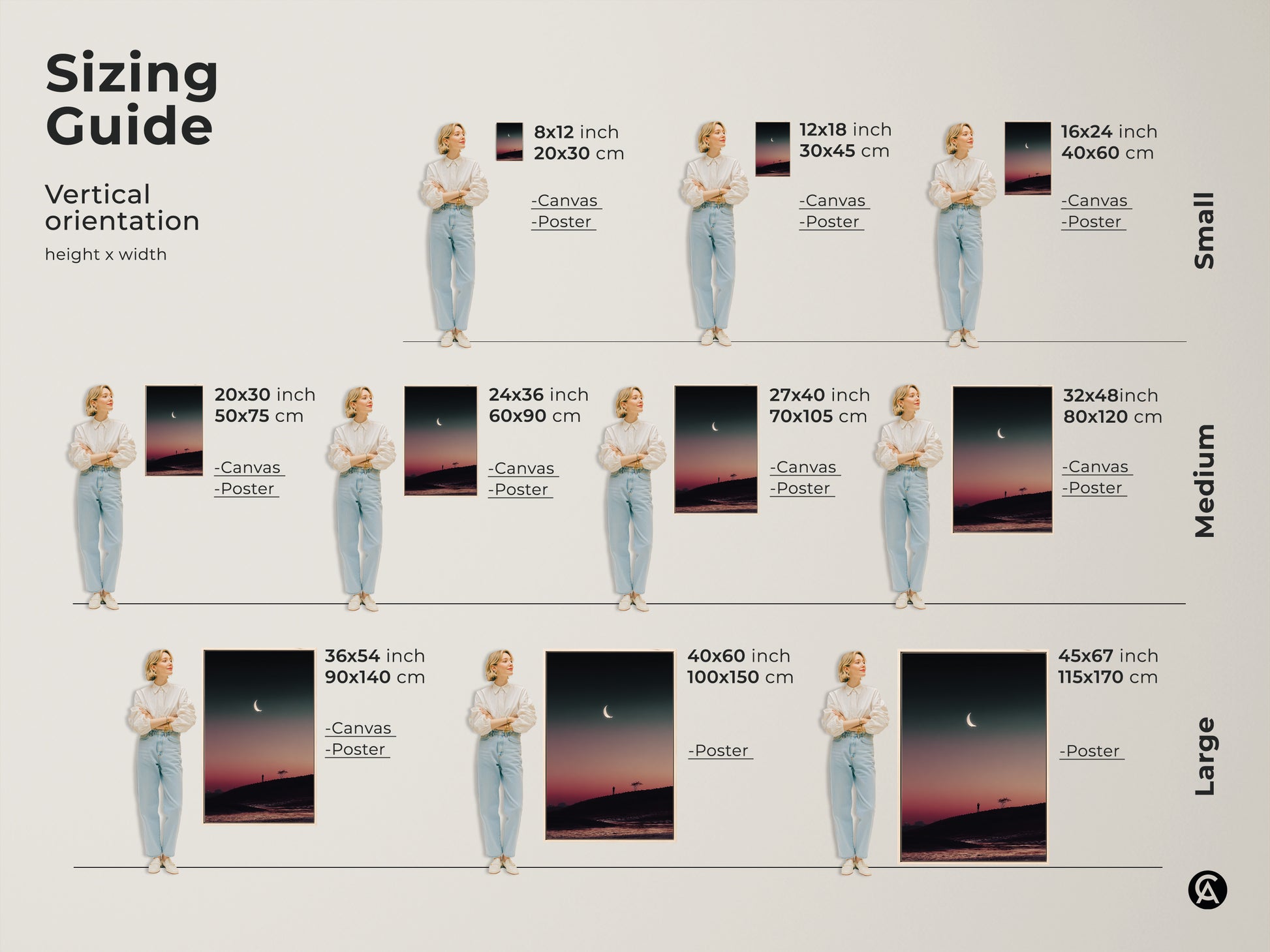 Sizing guide for minimalist landscape prints. Visualize vertical orientations of canvas and poster options. See how the dark teal and pink celestial artwork fits in various sizes. Perfect for bedroom or living room decor.